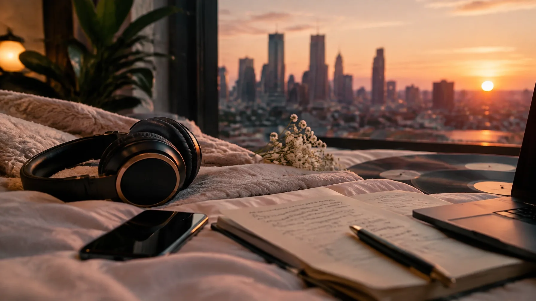 Headphones and a notebook beside a record player at sunset